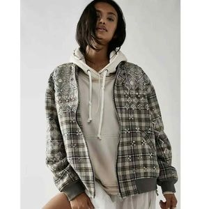 Free People Louie Embellished Silver Studded Oversized Bomber Jacket size XS